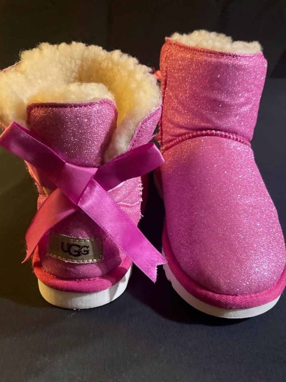 UGG Hot Pink Glitter Bow Short Shearling Boots